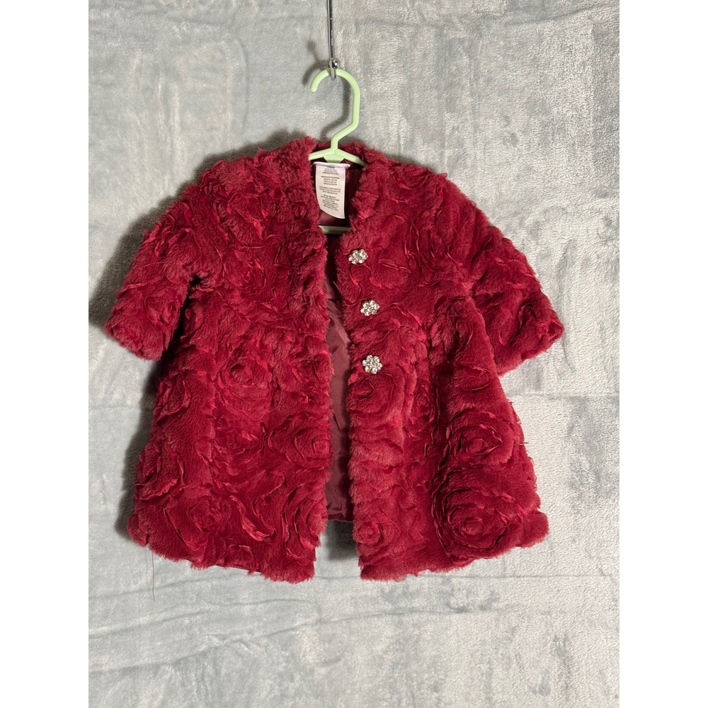 Blueberi Boulevard Baby Girls Burgundy Faux Fur Rosette Coat 12M BBHFH51